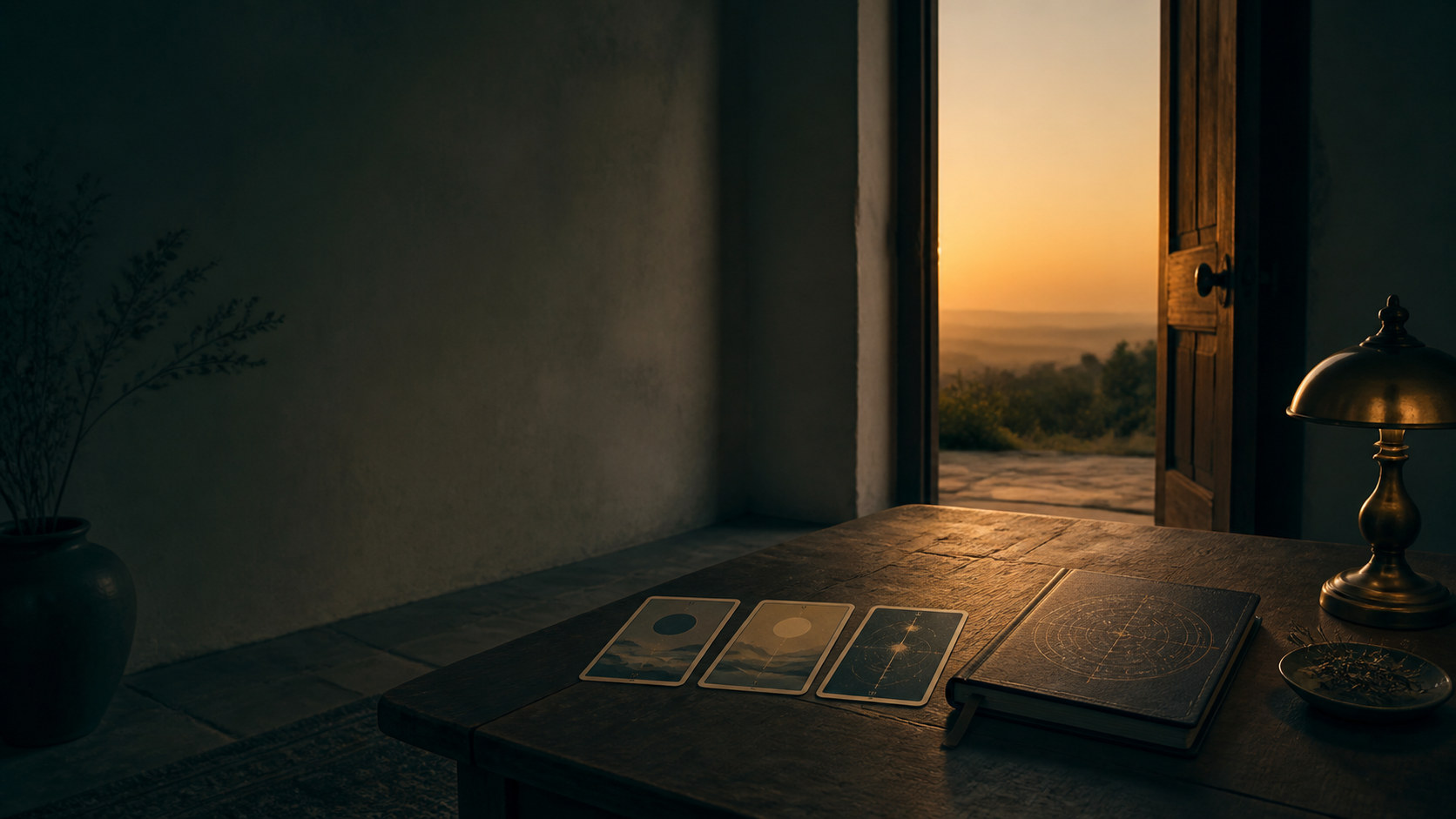 Open doorway at dusk beside tarot cards and an astrology notebook, illustrating a calm life transition